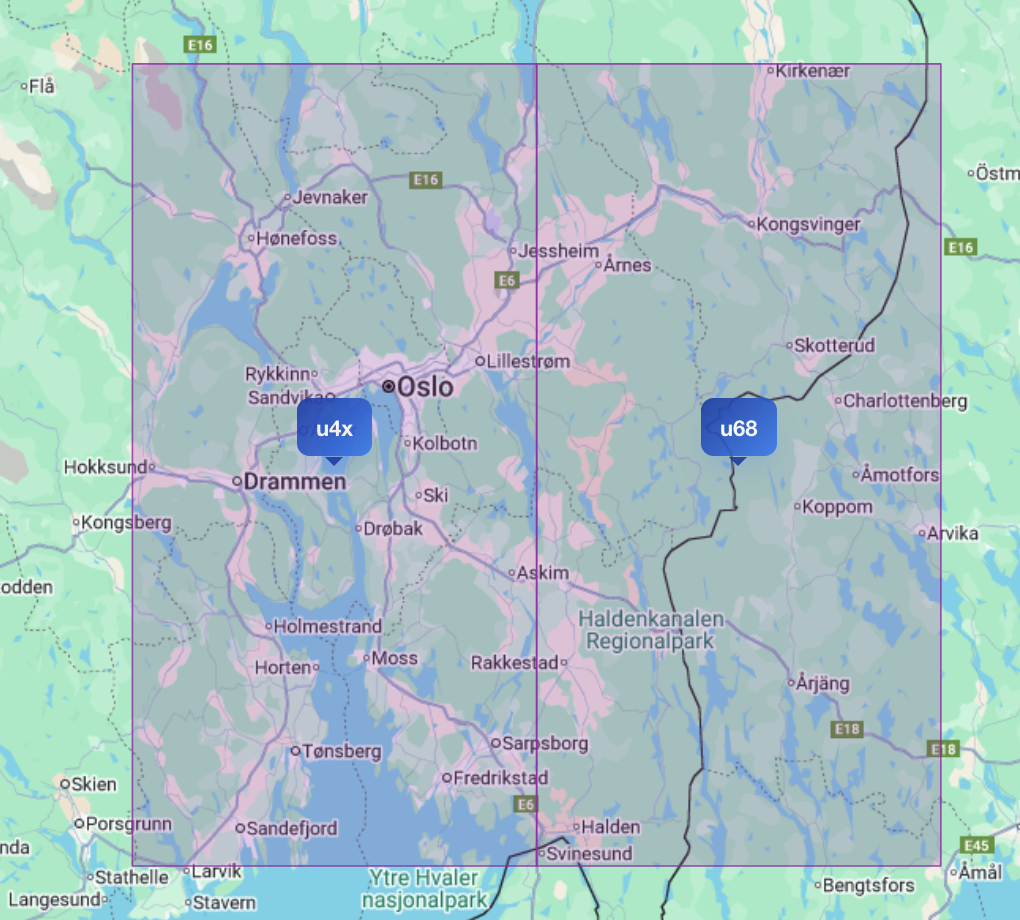 Utsnitt av kart med Vestfold og hele veien over svenskegrensa
markert