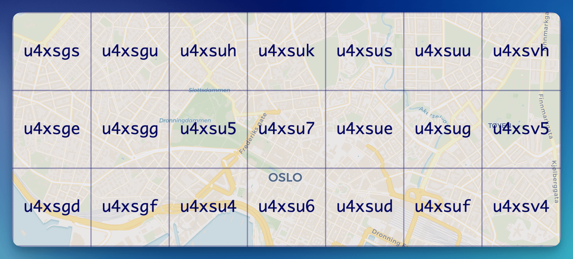 Mindre Geohash-firkanter over østlandet